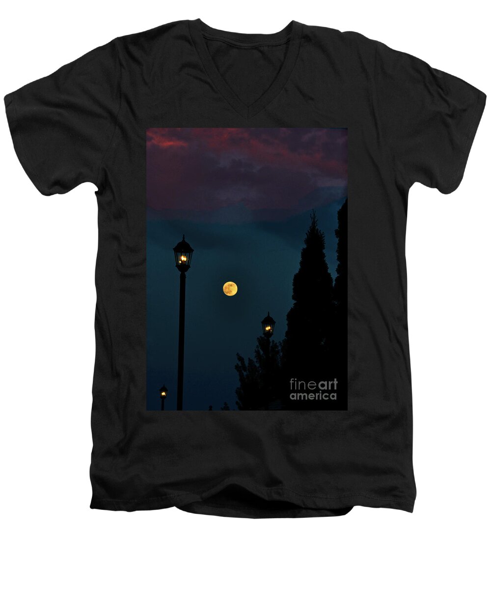 Moon Men's V-Neck T-Shirt featuring the photograph Night Lights by Lydia Holly