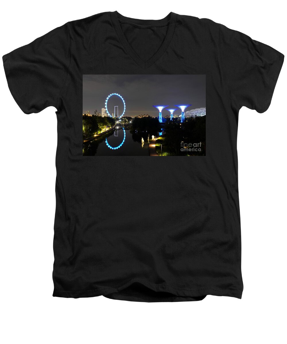 Singapore Men's V-Neck T-Shirt featuring the photograph Night shot of Singapore Flyer Gardens by the Bay and water reflections by Imran Ahmed