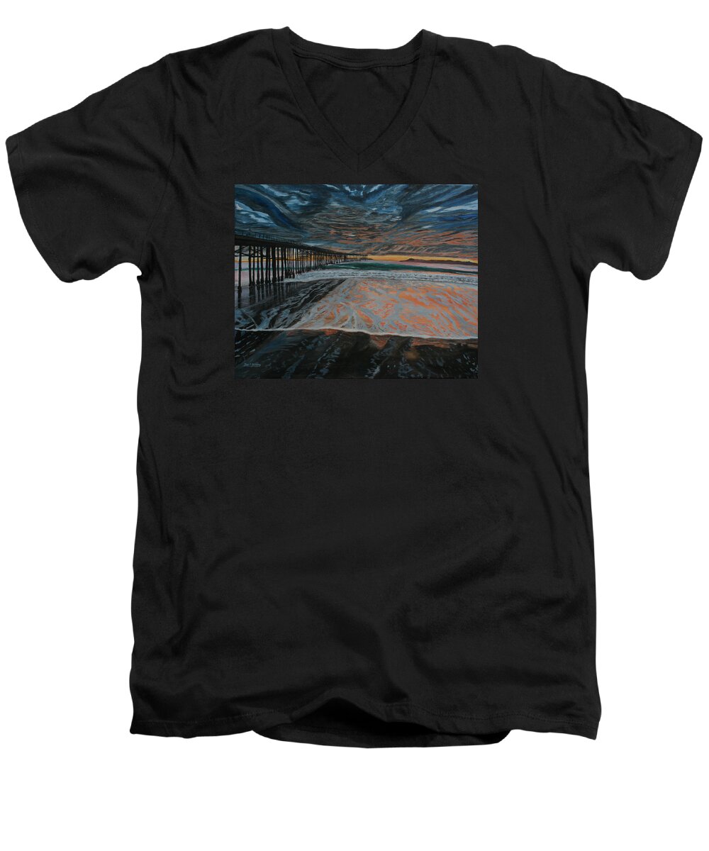 Ventura Men's V-Neck T-Shirt featuring the painting North Side of the Ventura Pier by Ian Donley