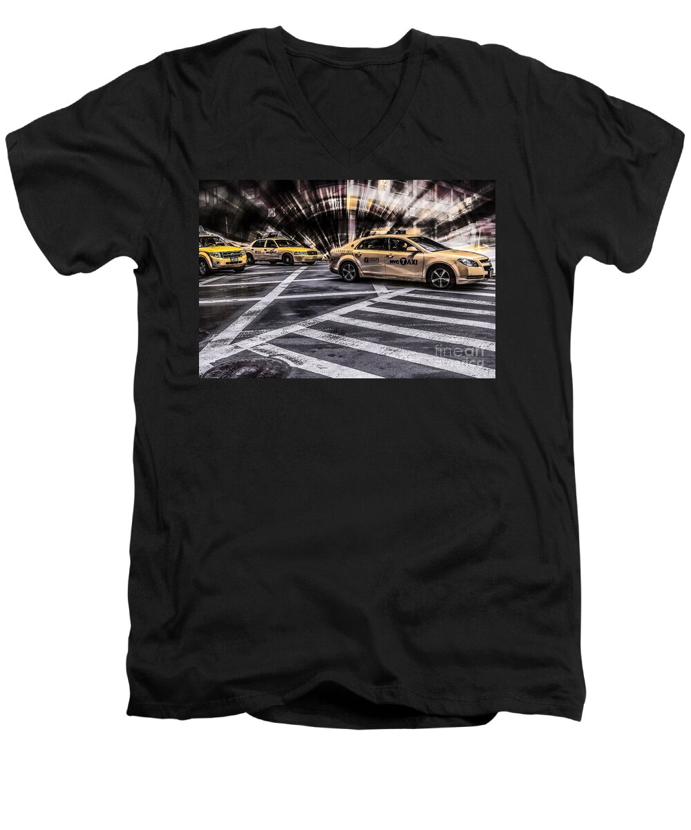 5th Men's V-Neck T-Shirt featuring the photograph NYC Yellow Cab on 5th Street - white by Hannes Cmarits