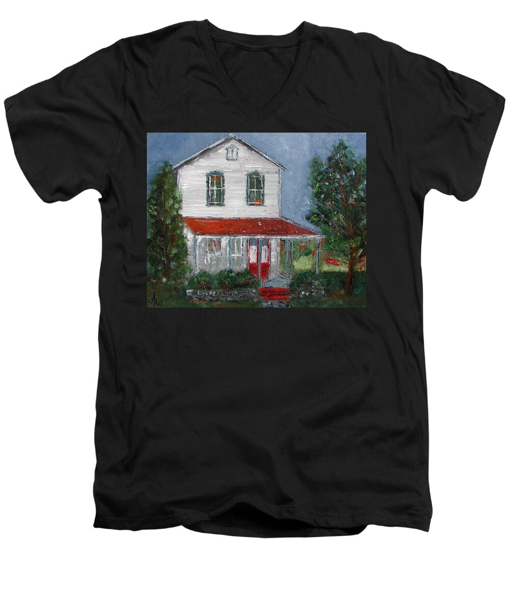 Farm House Men's V-Neck T-Shirt featuring the painting Old Farm House by Anna Ruzsan