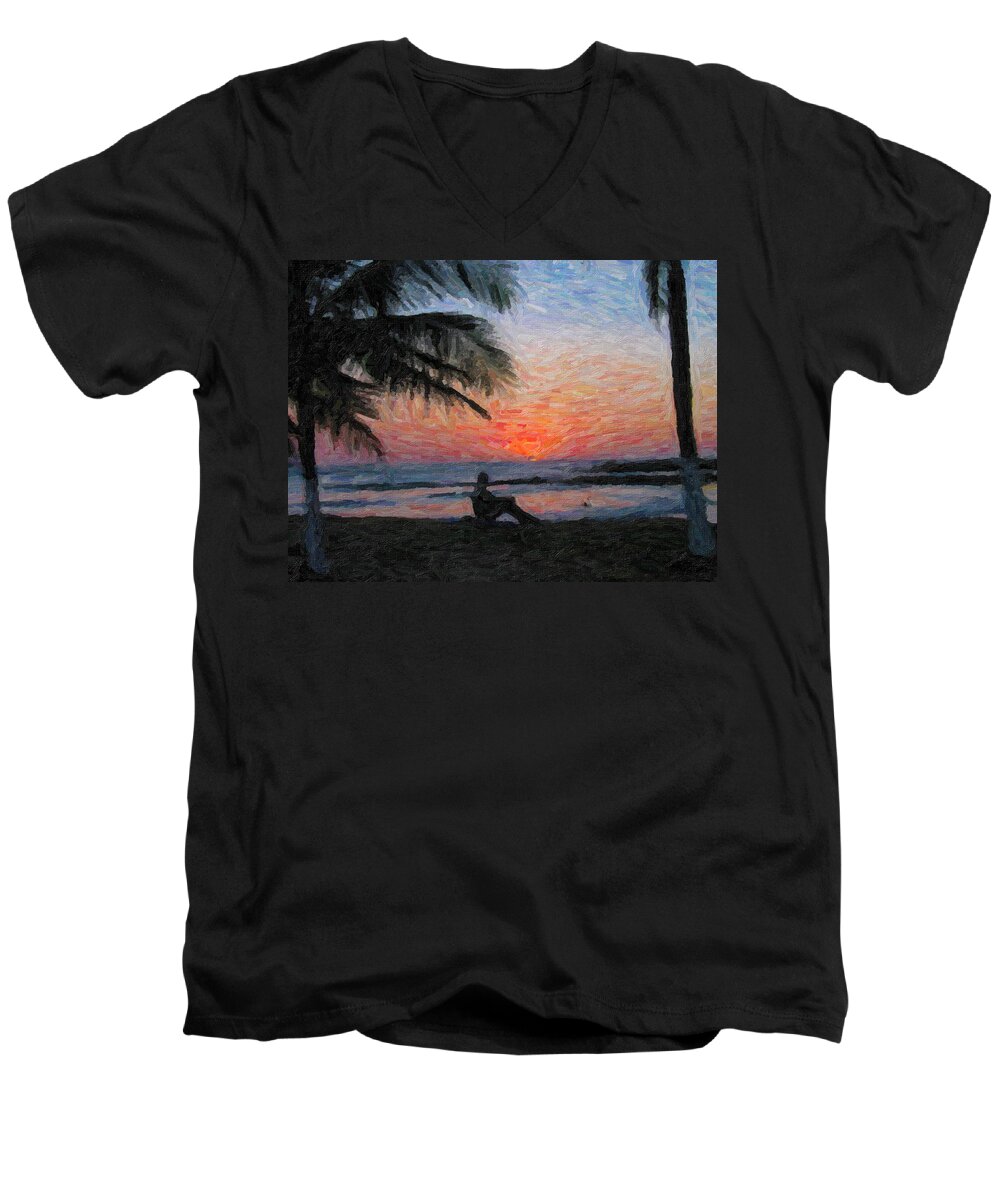 Sunset Men's V-Neck T-Shirt featuring the painting Peaceful Sunset by David Gleeson