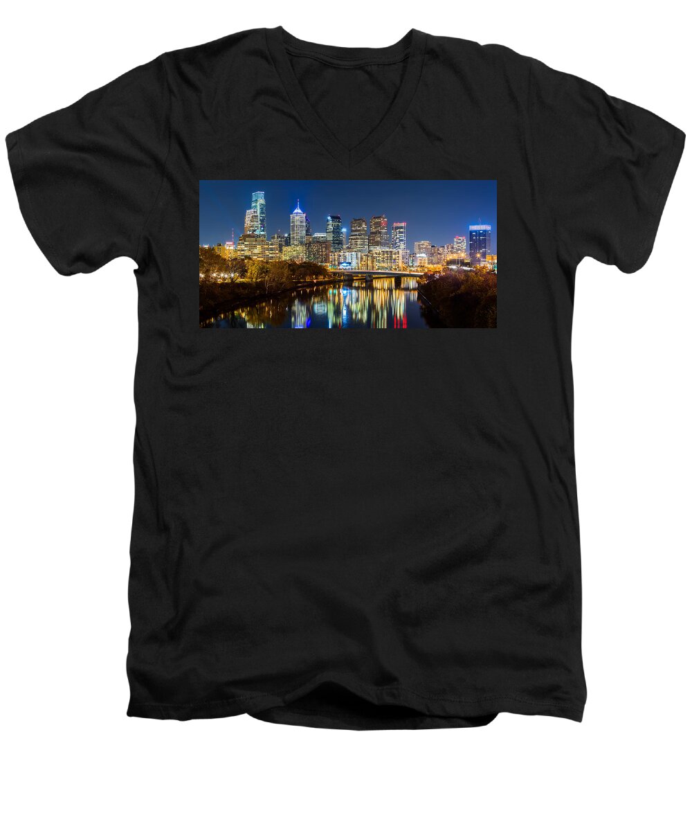 America Men's V-Neck T-Shirt featuring the photograph Philadelphia cityscape panorama by night by Mihai Andritoiu