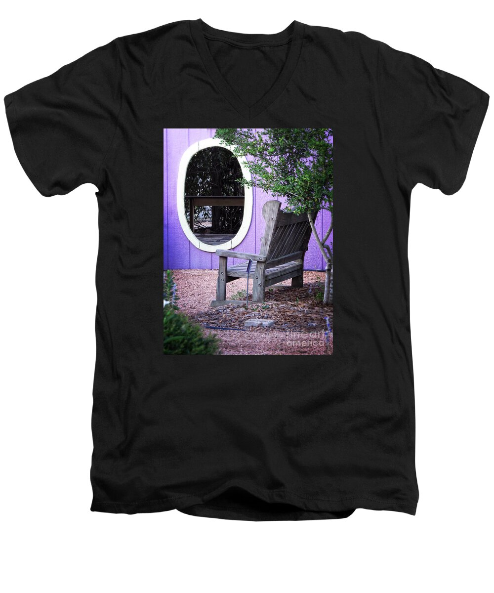 Window Men's V-Neck T-Shirt featuring the photograph Picture Perfect Garden Bench by Ella Kaye Dickey