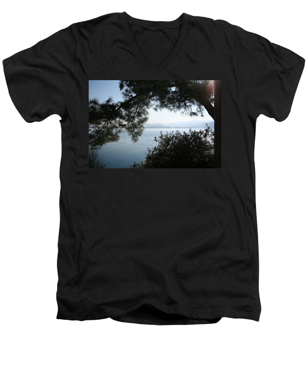 Akyaka Men's V-Neck T-Shirt featuring the photograph Pine Trees Overhanging The Aegean Sea by Taiche Acrylic Art