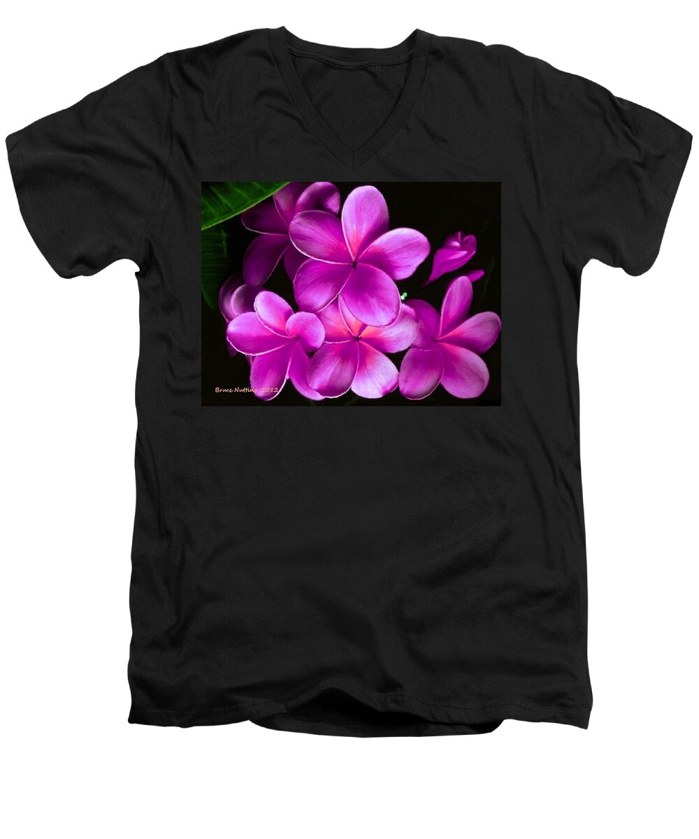 Pink Men's V-Neck T-Shirt featuring the painting Pink Plumeria by Bruce Nutting