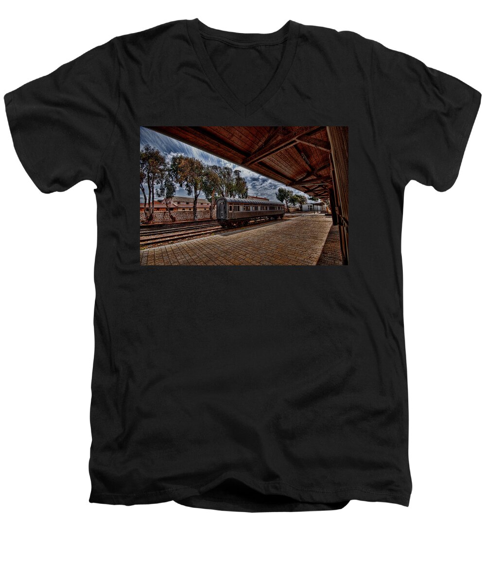 Kaballah Men's V-Neck T-Shirt featuring the photograph platform view of the first railway station of Tel Aviv by Ron Shoshani
