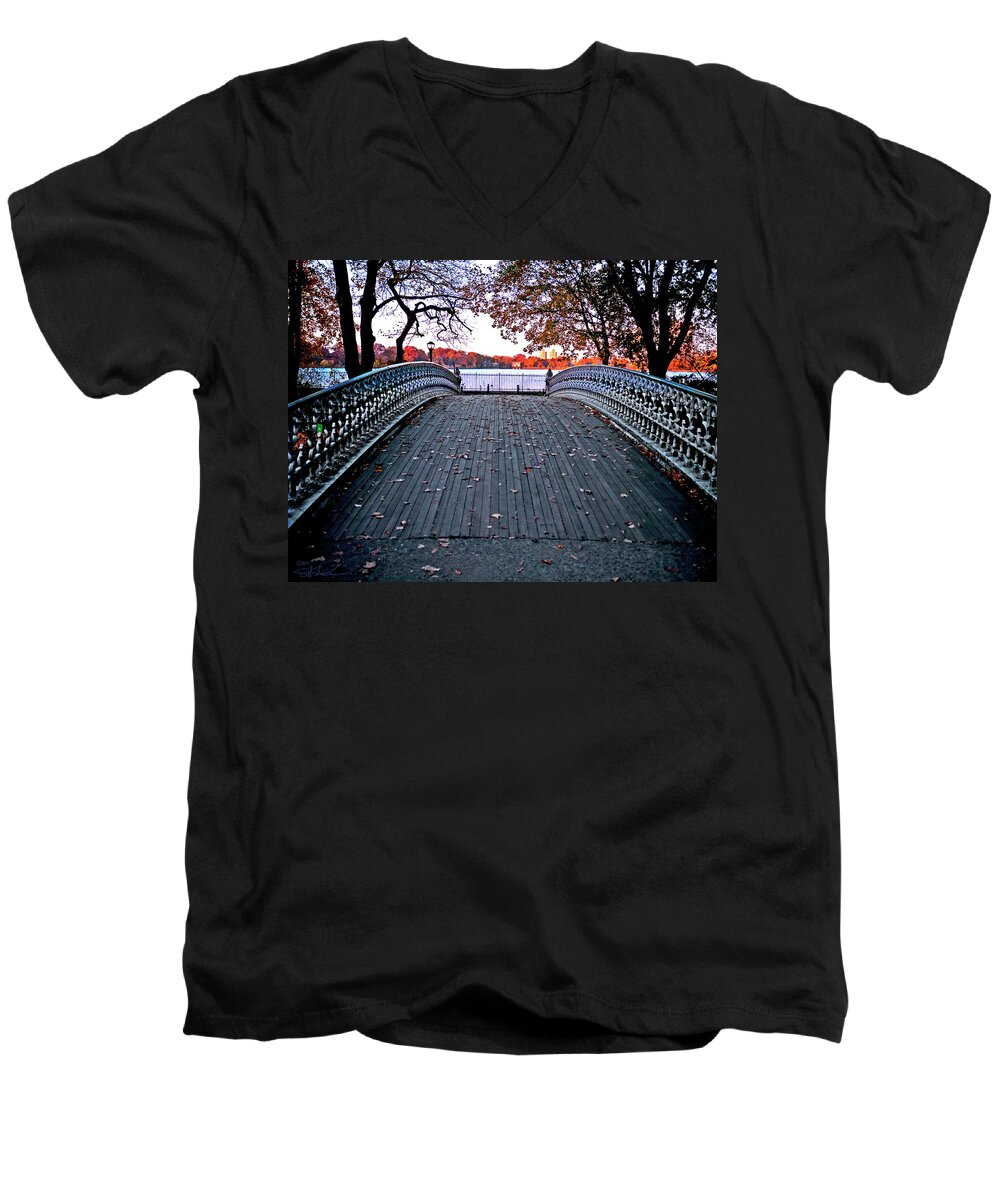 Central Park Men's V-Neck T-Shirt featuring the photograph Pond Footbridge by S Paul Sahm