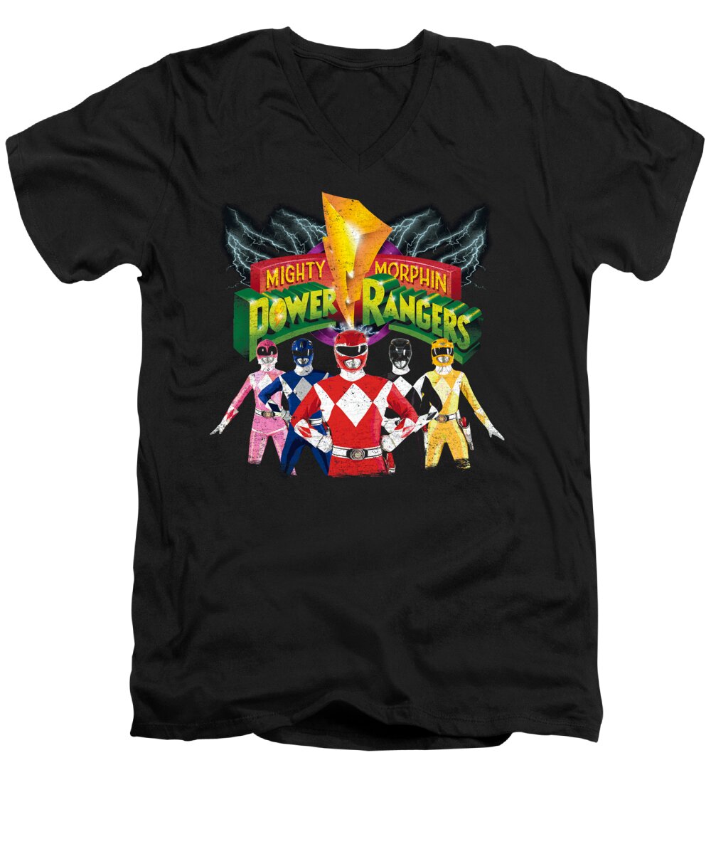 Power Rangers Men's V-Neck T-Shirt featuring the digital art Power Rangers - Rangers Unite by Brand A