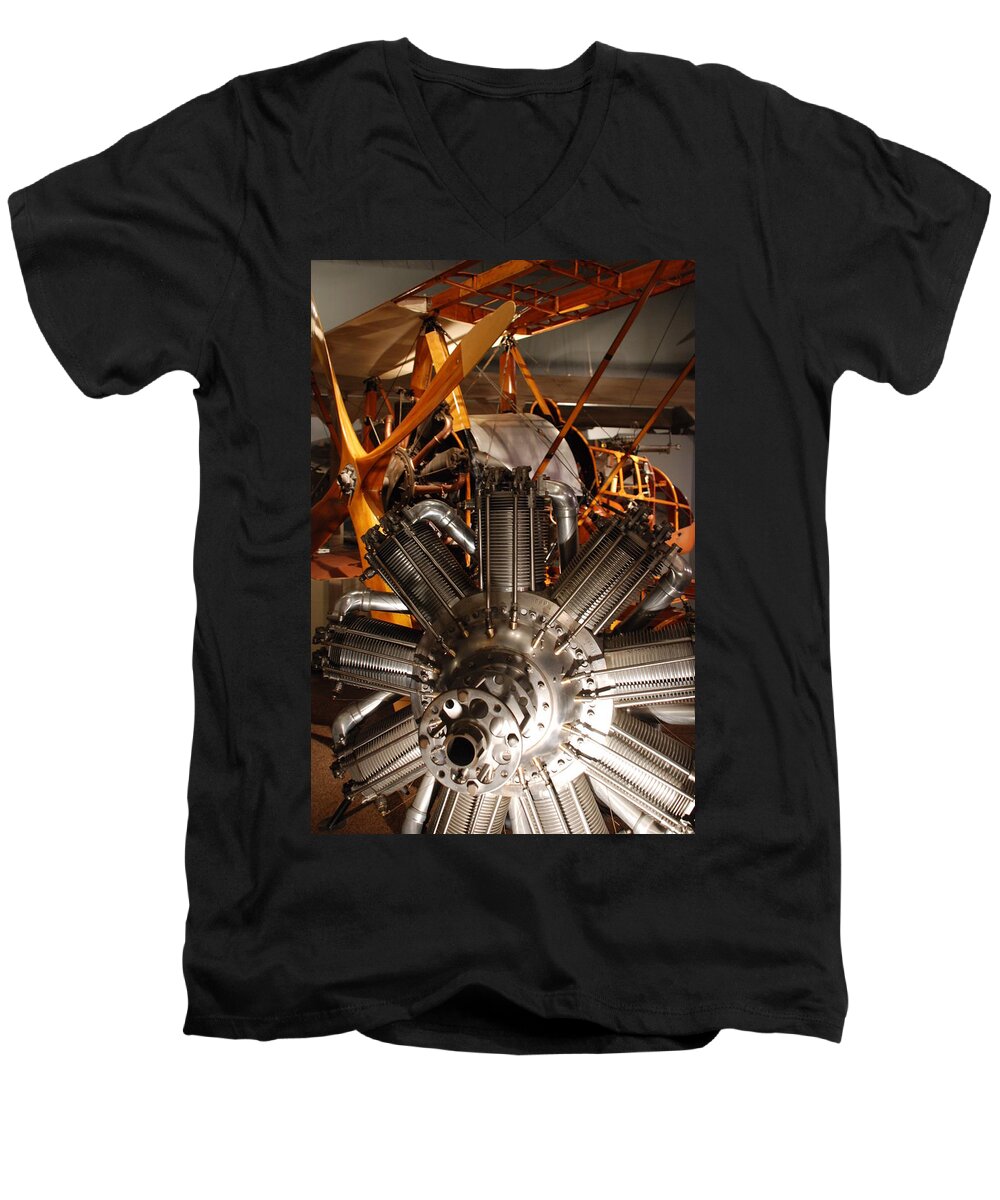 Planes Men's V-Neck T-Shirt featuring the photograph Prop Plane Engine Illuminated by Kenny Glover