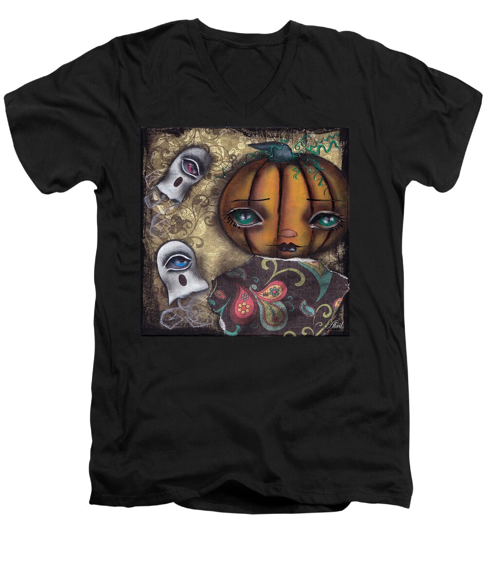 Pumpkin Men's V-Neck T-Shirt featuring the painting Pumpkin Girl by Abril Andrade