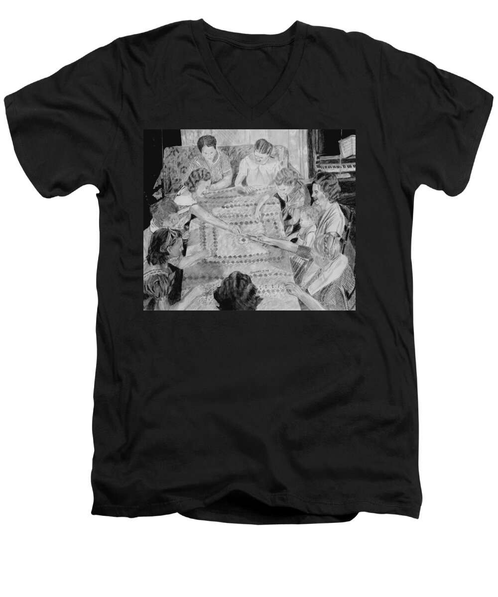 People Men's V-Neck T-Shirt featuring the drawing Quilting Bee by Quwatha Valentine