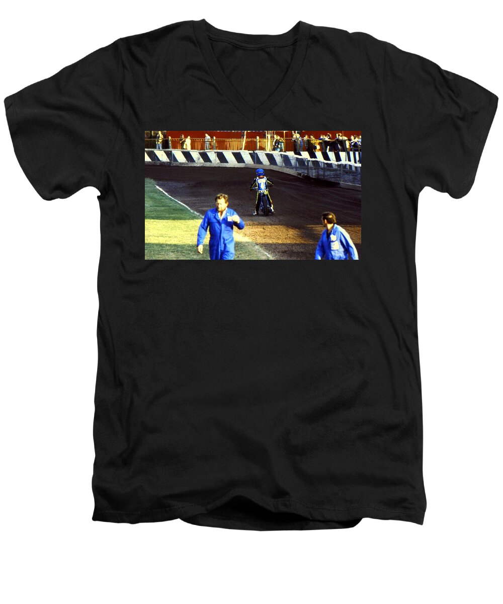 Speedway Men's V-Neck T-Shirt featuring the photograph Race Over by Guy Pettingell