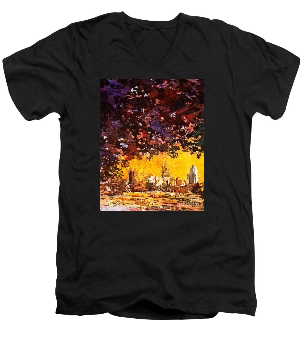 Batik Men's V-Neck T-Shirt featuring the painting Raleigh Downtown by Ryan Fox