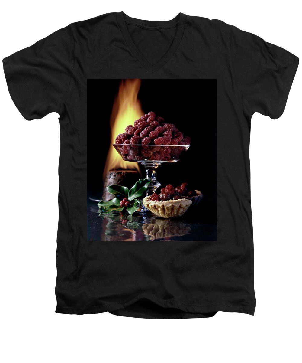 Food Men's V-Neck T-Shirt featuring the photograph Raspberries In A Glass Serving Dish With Tarts by Fotiades