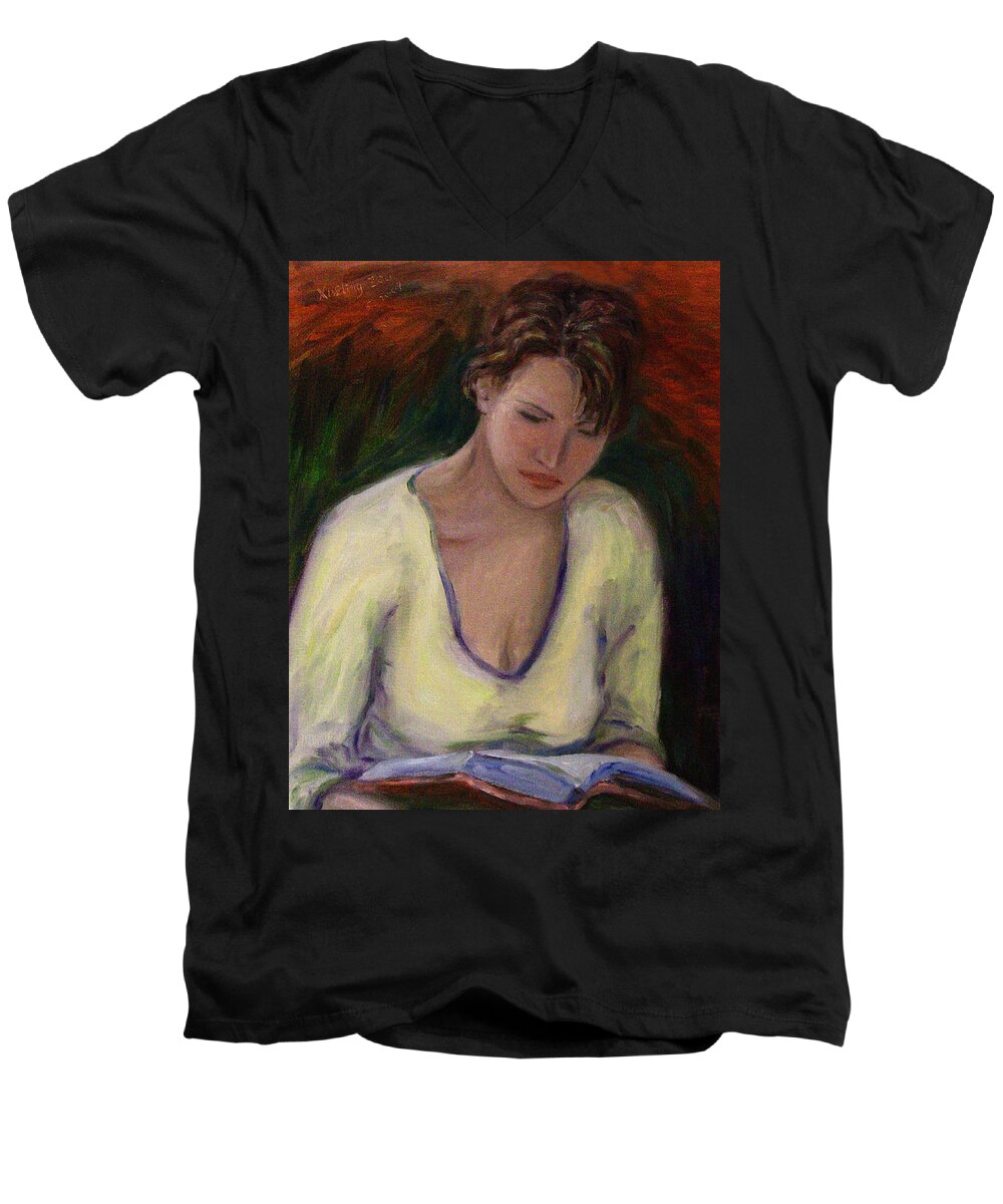 North California Men's V-Neck T-Shirt featuring the painting Reading by Xueling Zou