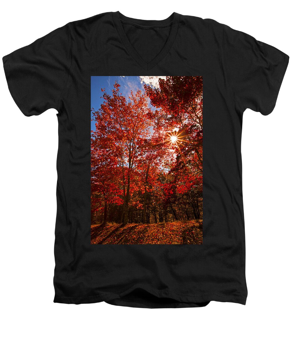 Red Autumn Leaves Men's V-Neck T-Shirt featuring the photograph Red Autumn Leaves by Jerry Cowart