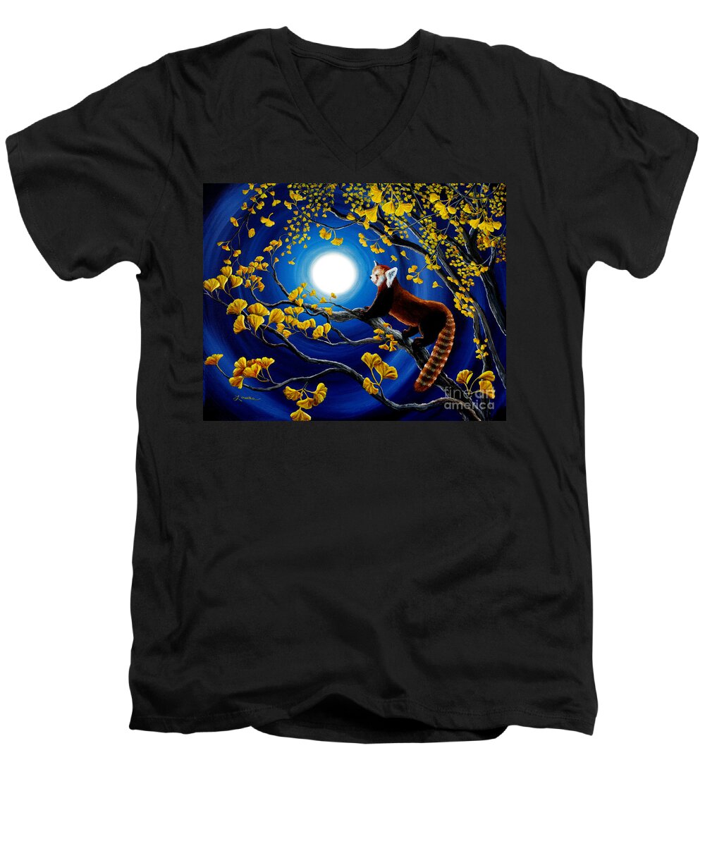 Red Panda Men's V-Neck T-Shirt featuring the painting Red Panda in Golden Gingko Tree by Laura Iverson