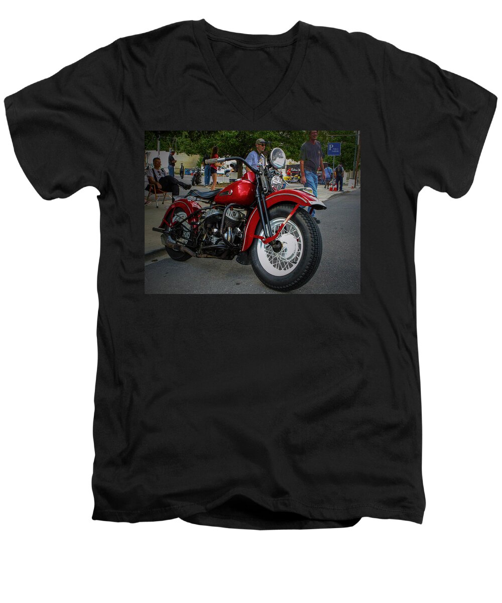 Motorcycle Cannonball Men's V-Neck T-Shirt featuring the photograph Red Rider by Jeff Kurtz