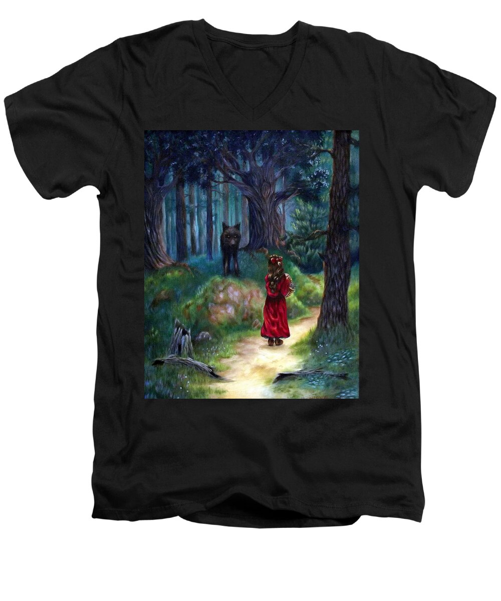 Red Riding Hood Men's V-Neck T-Shirt featuring the painting Red Riding Hood by Heather Calderon