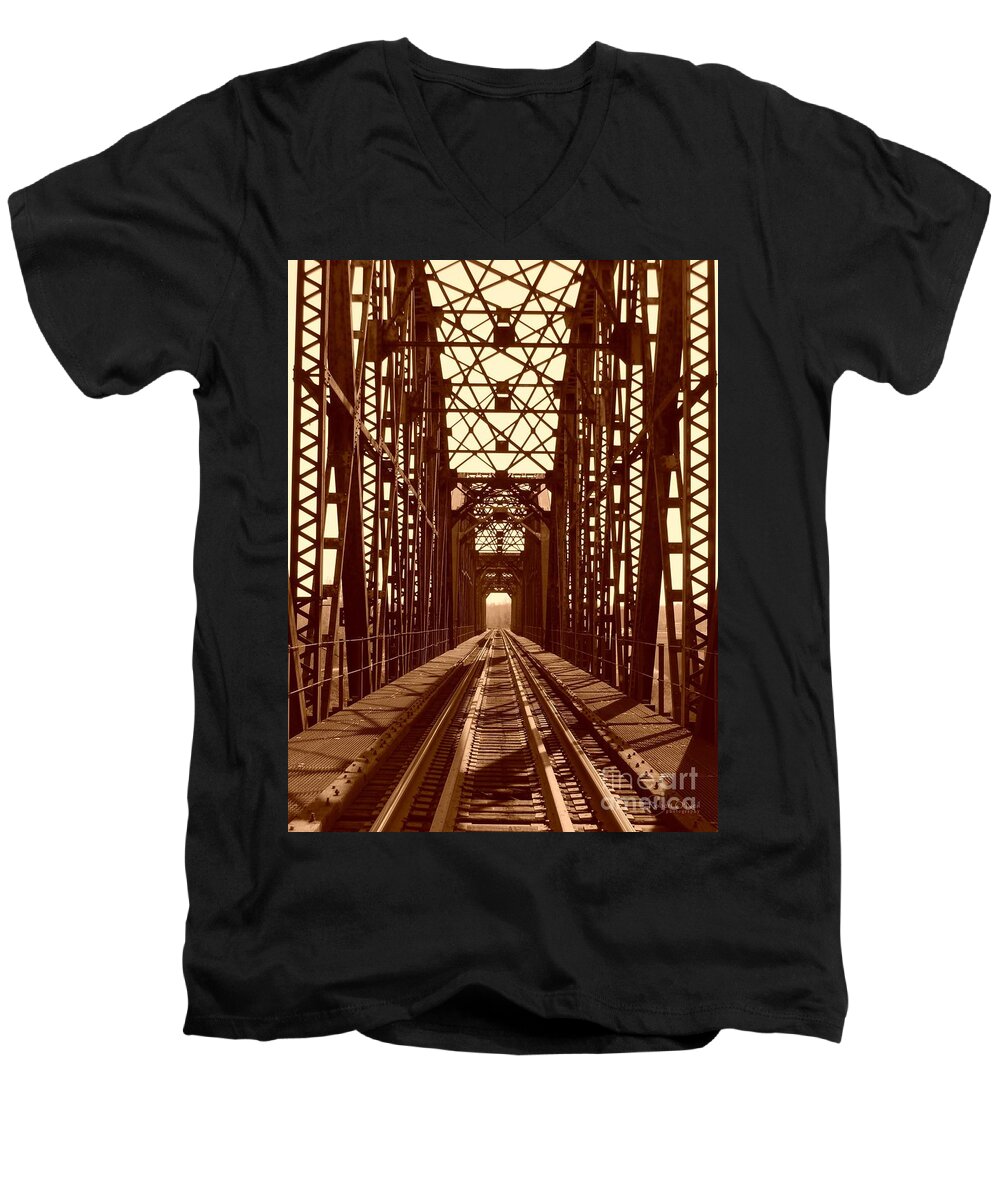 Bridge Men's V-Neck T-Shirt featuring the photograph Red River Train Bridge #1 by Robert ONeil