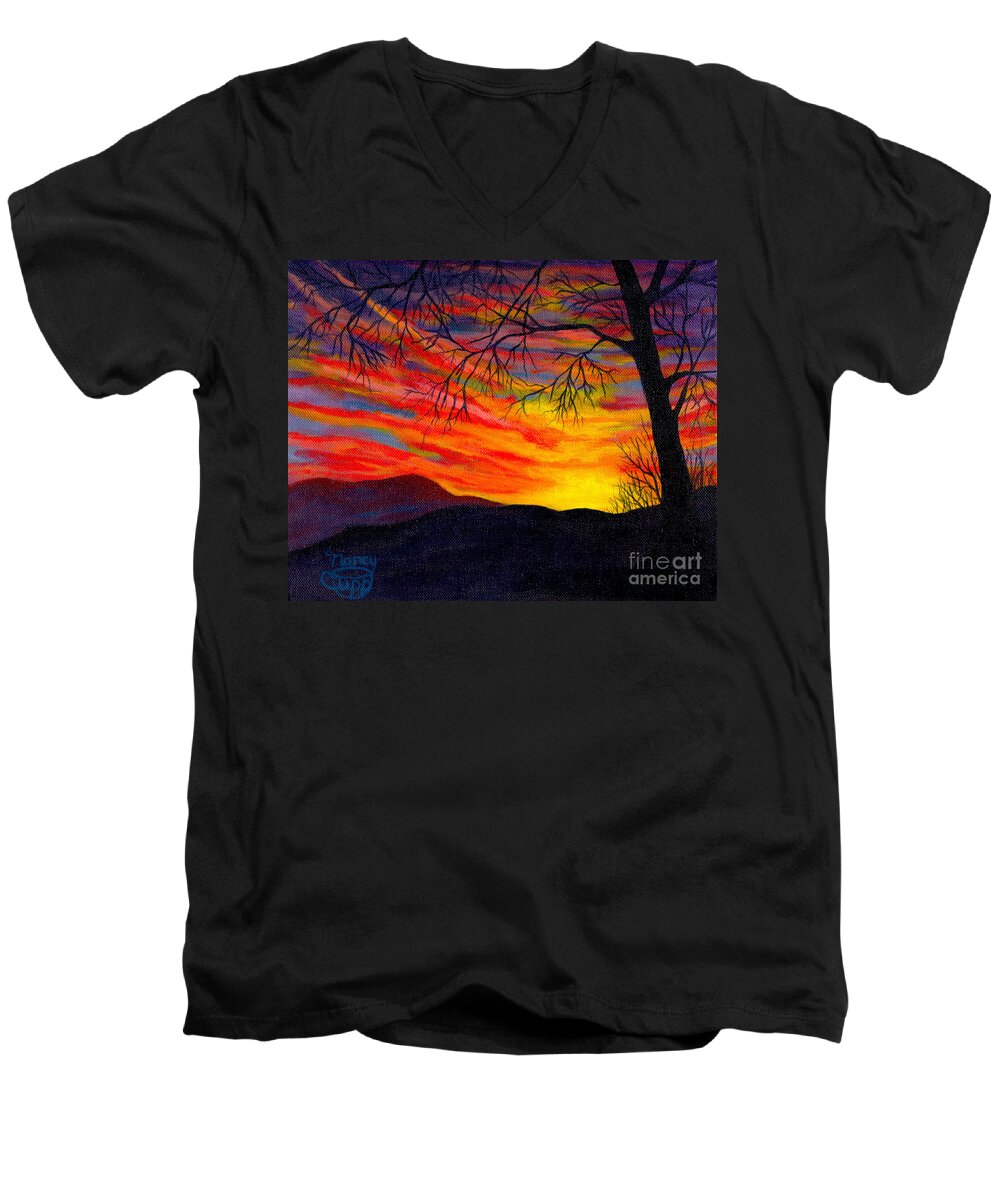 Red Sky Men's V-Neck T-Shirt featuring the painting Red Sunset by Nancy Cupp