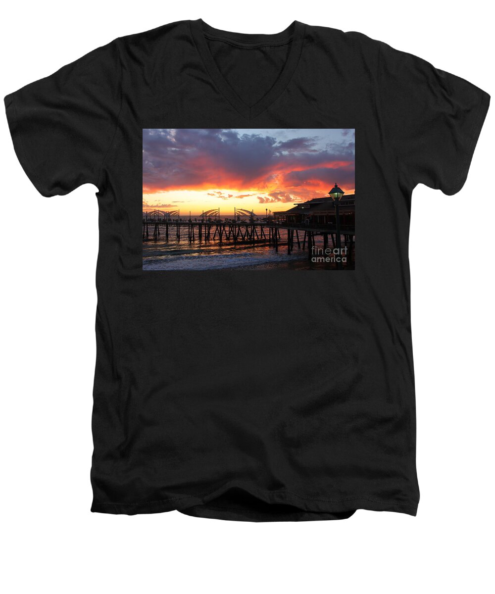 Redondo Beach Men's V-Neck T-Shirt featuring the photograph Redondo Pier Sunset by Bev Conover