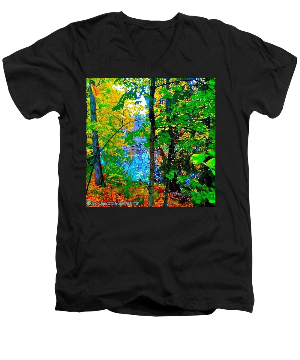 Fall Color Men's V-Neck T-Shirt featuring the photograph Reed College Canyon Reflections of Autumn by Anna Porter
