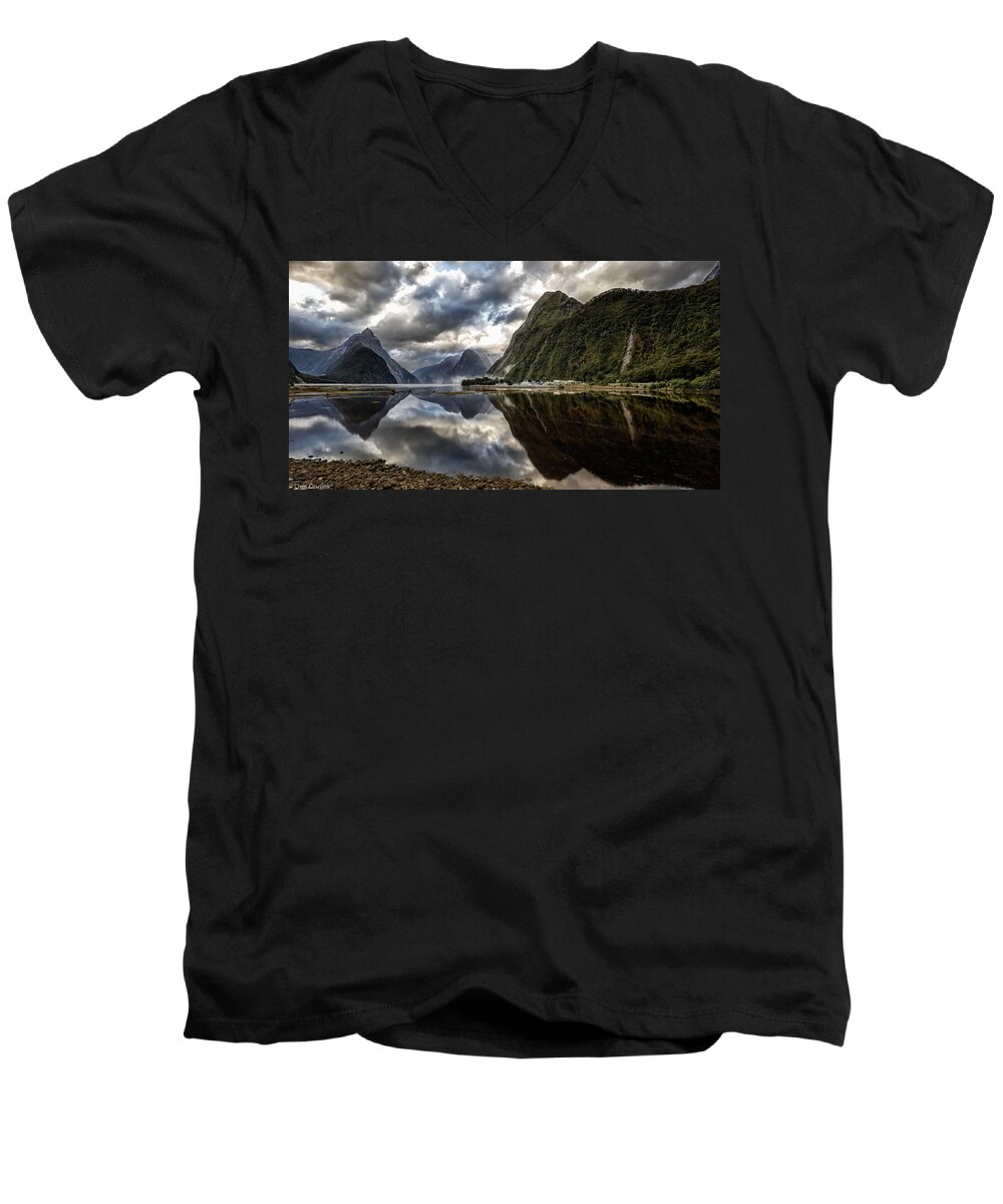 Milford Sound Men's V-Neck T-Shirt featuring the photograph Reflecting on Milford by Chris Cousins