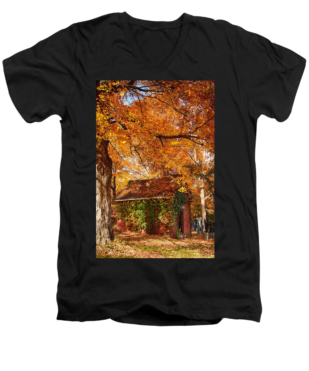 Autumn Foliage New England Men's V-Neck T-Shirt featuring the photograph Rock of ages surrouded by color by Jeff Folger