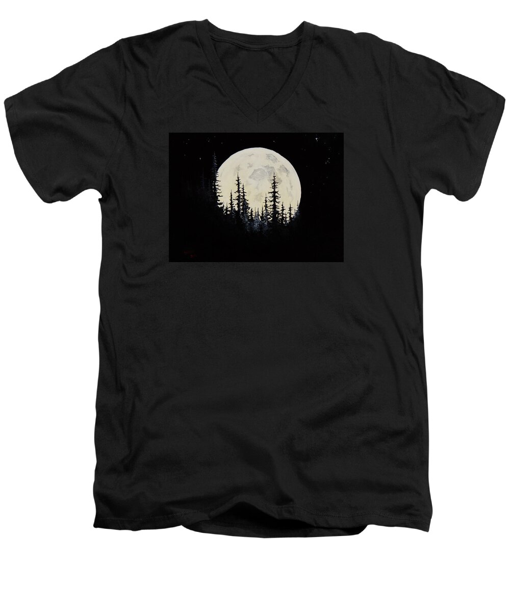 Full Moon Men's V-Neck T-Shirt featuring the painting Rocky Mountain Moon by Chris Steele