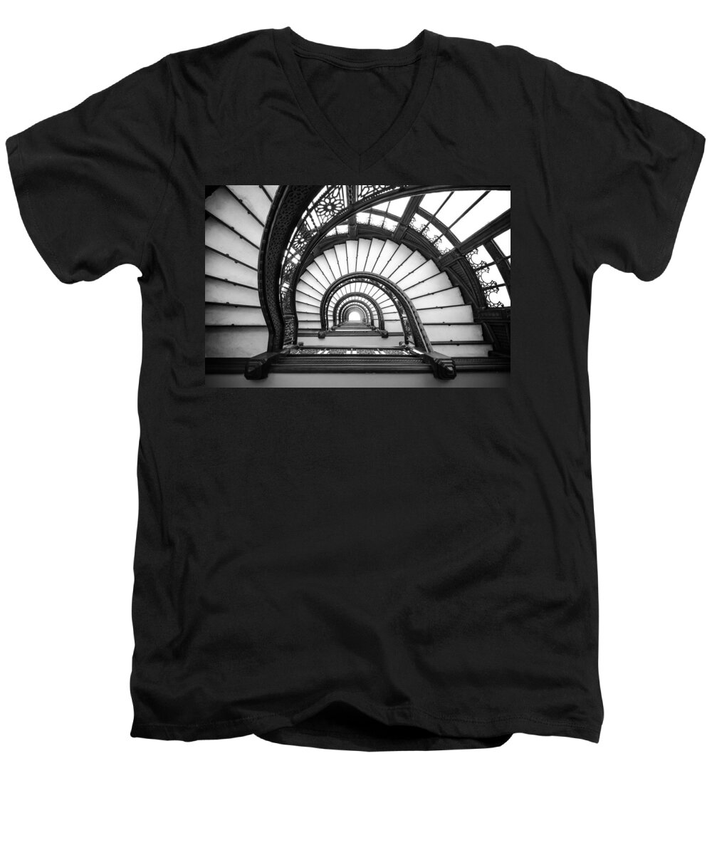 Chicago Men's V-Neck T-Shirt featuring the photograph Rookery Building Oriel Staircase - Black and White by Anthony Doudt