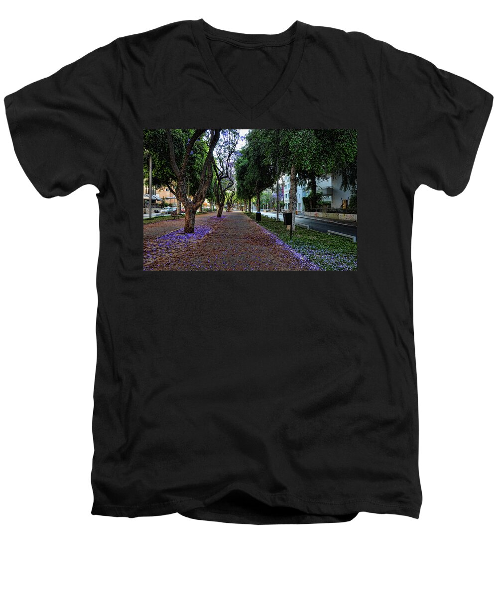 Foliage Men's V-Neck T-Shirt featuring the photograph Rothschild boulevard by Ron Shoshani