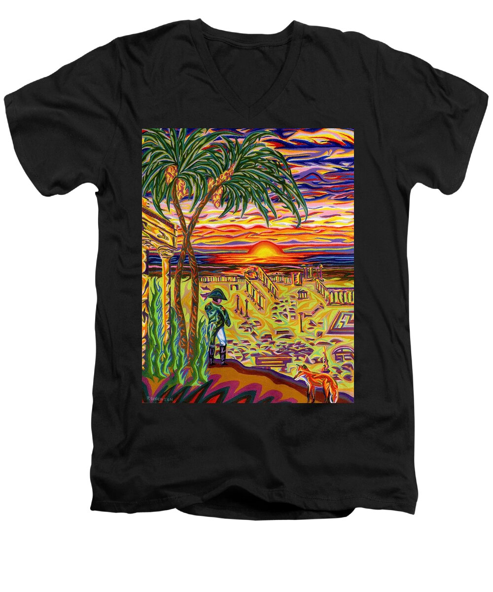 Mediterranean Sea Men's V-Neck T-Shirt featuring the painting Ruins of Empires by Robert SORENSEN