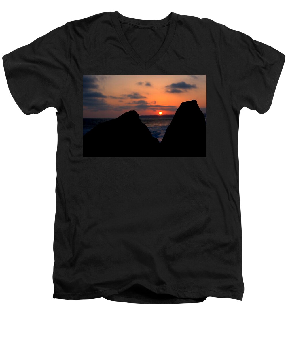 Sunset Men's V-Neck T-Shirt featuring the photograph San Clemente Rocks Sunset by Matt Quest