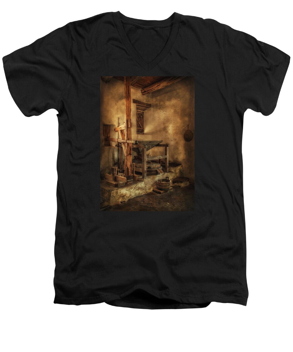 Mill Men's V-Neck T-Shirt featuring the photograph San Jose Mission Mill by Priscilla Burgers