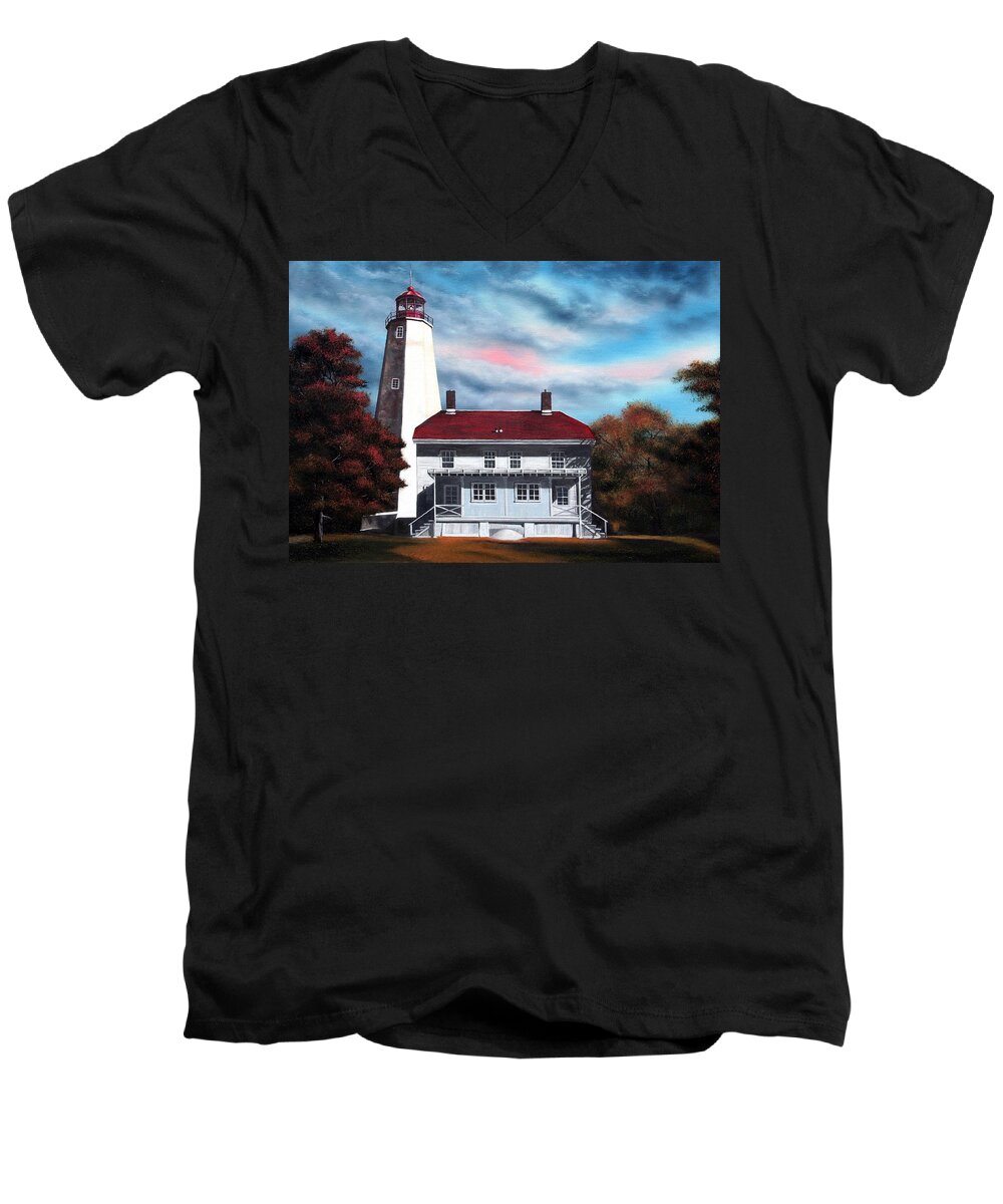 Lighthouse Men's V-Neck T-Shirt featuring the painting Sandy Hook Lighthouse by Daniel Carvalho