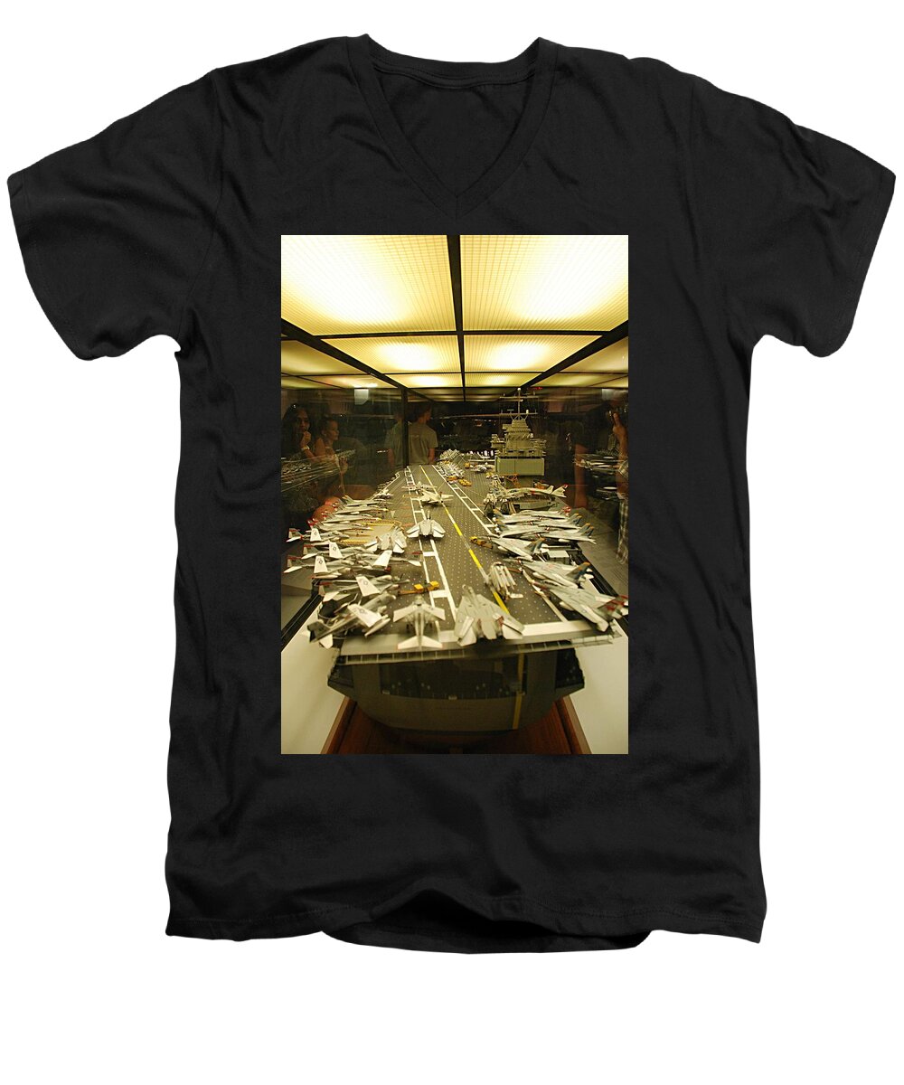 Navy Men's V-Neck T-Shirt featuring the photograph Scale Model Aircraft Carrier by Kenny Glover