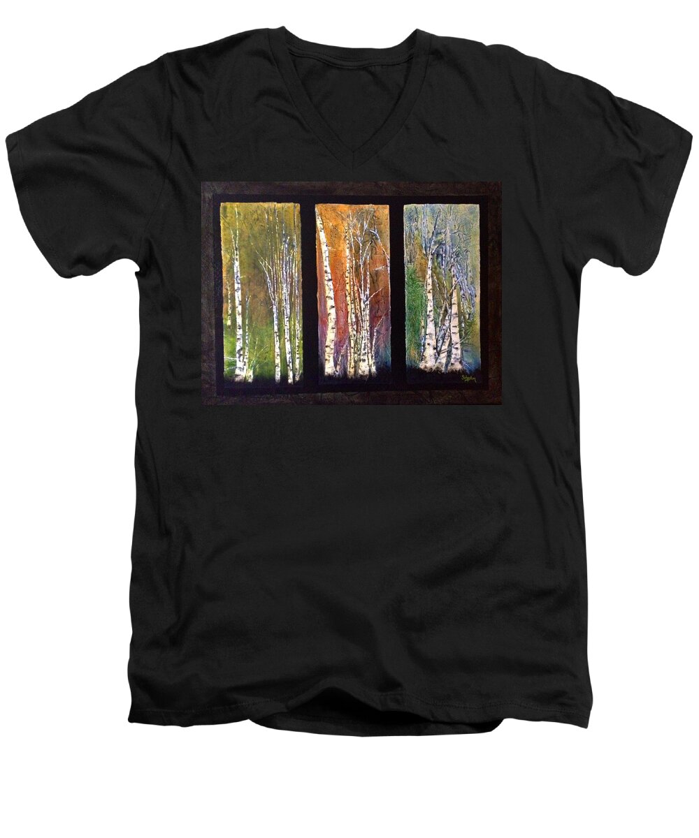 Trees Men's V-Neck T-Shirt featuring the painting Seasons of Birch by Cindy Johnston