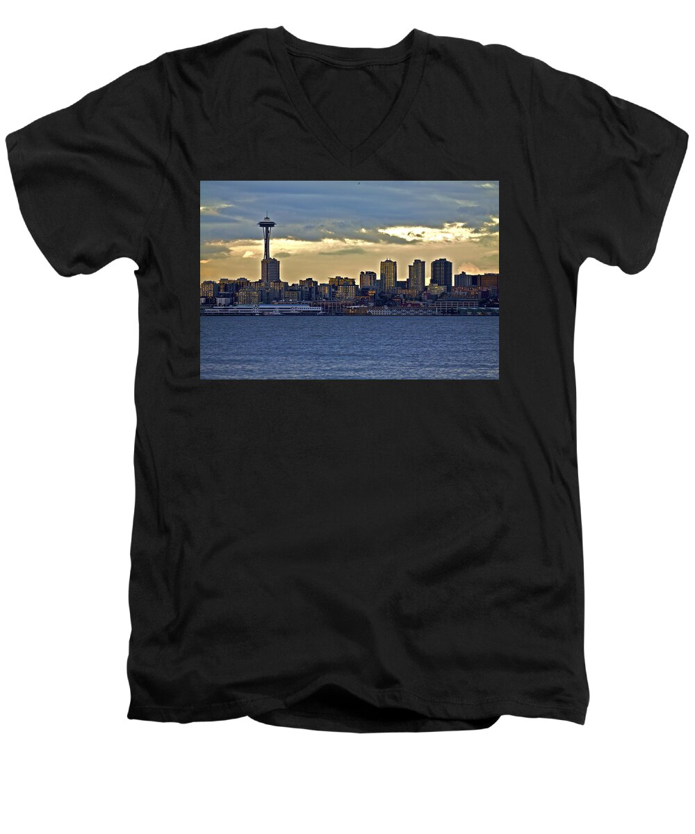 Sun Set Men's V-Neck T-Shirt featuring the photograph Seattle skyline in twilight by SC Heffner
