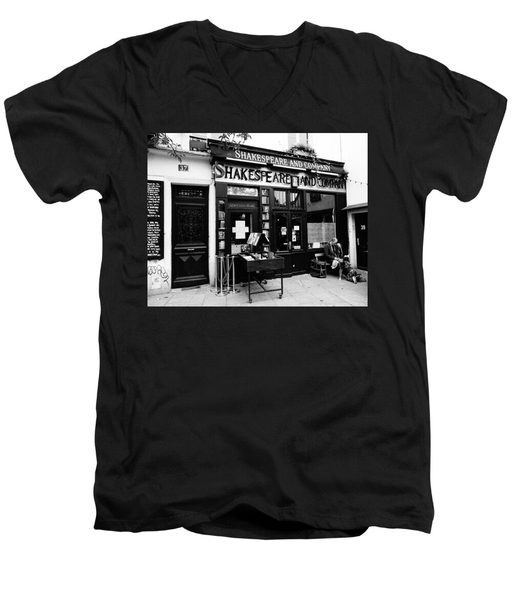 Paris Men's V-Neck T-Shirt featuring the photograph Shakespeare and Company Bookstore in Paris France by Rick Rosenshein
