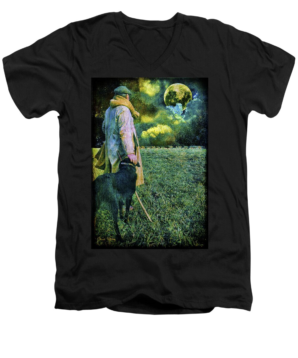 Shepherd Men's V-Neck T-Shirt featuring the photograph Shepherd and Moon by Chuck Staley