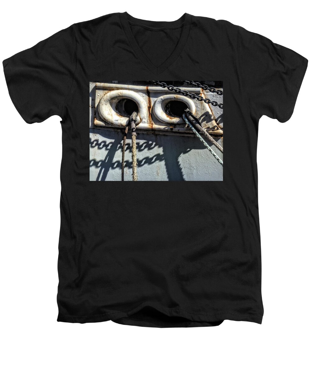 Ship Men's V-Neck T-Shirt featuring the photograph Ship Ropes Chains by Joan Reese