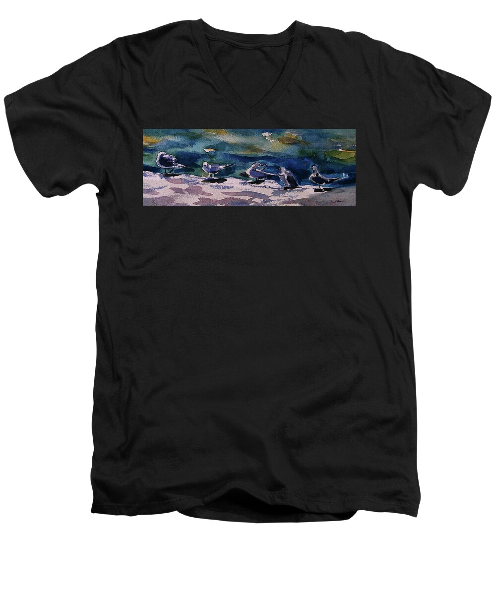 Seabirds Men's V-Neck T-Shirt featuring the painting Shoreline birds IV by Julianne Felton