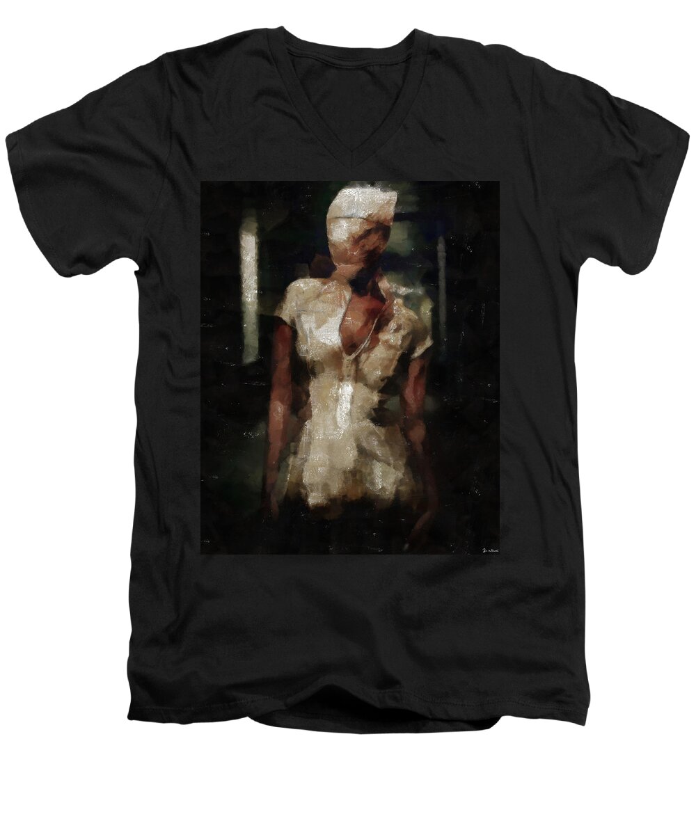 Www.themidnightstreets.net Men's V-Neck T-Shirt featuring the digital art Silent Hill Nurse by Joe Misrasi