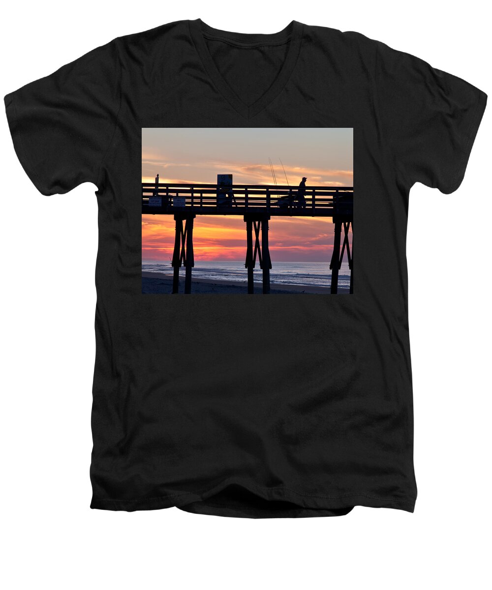 Fishing Men's V-Neck T-Shirt featuring the photograph Silhouetted Fisherman On Ocean Pier At Sunrise by Jo Ann Tomaselli