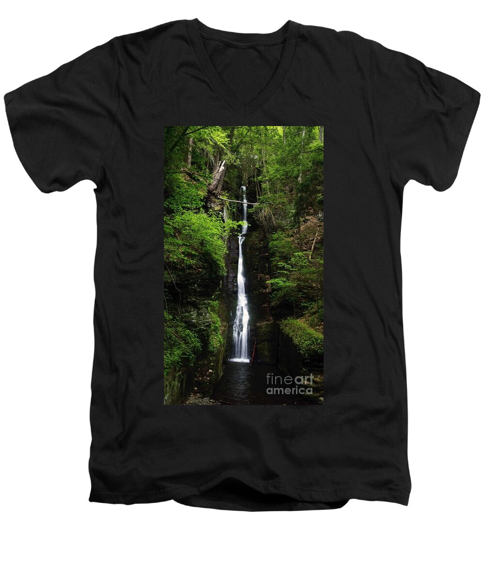 Waterfall Men's V-Neck T-Shirt featuring the photograph Silverthread Falls by Debra Fedchin