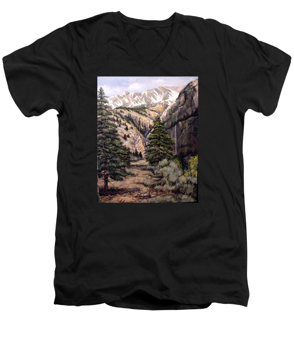 Nature Men's V-Neck T-Shirt featuring the painting Sleeping Faces in the Rock by Donna Tucker