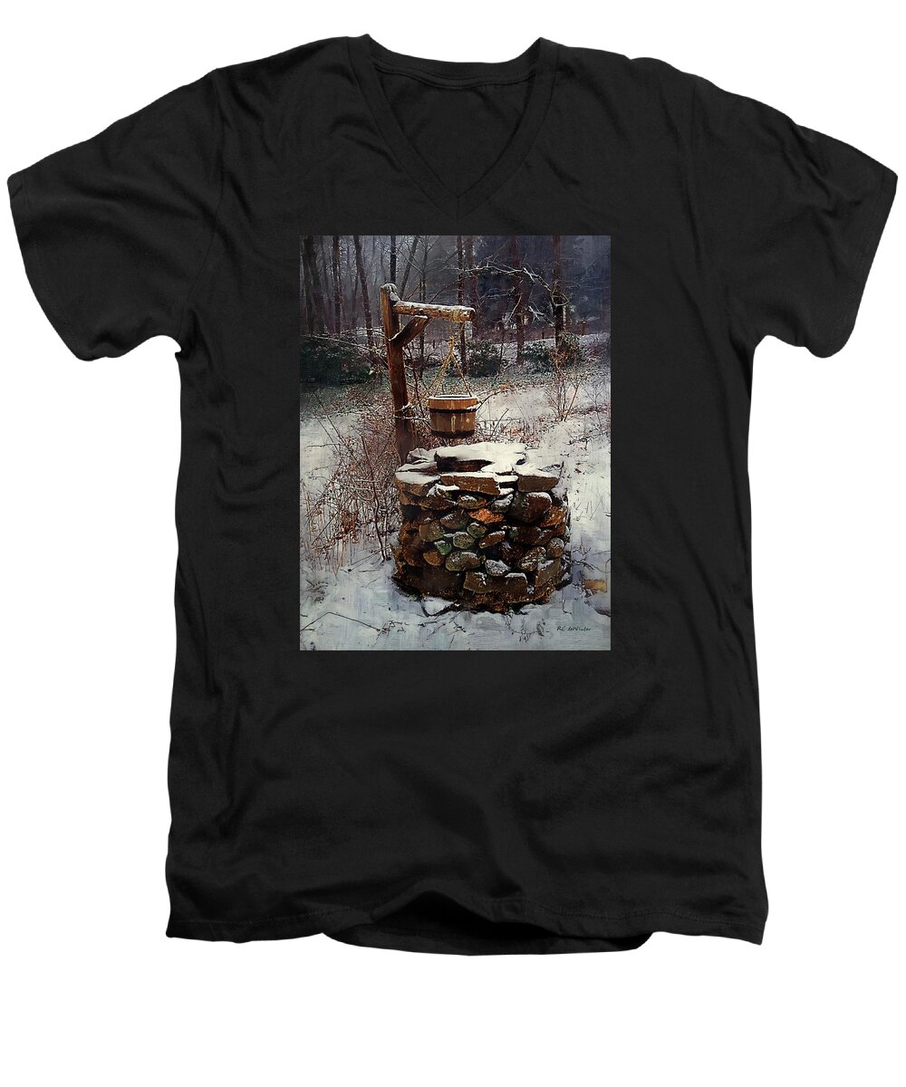 Landscape Men's V-Neck T-Shirt featuring the painting Snow at Twilight by RC DeWinter