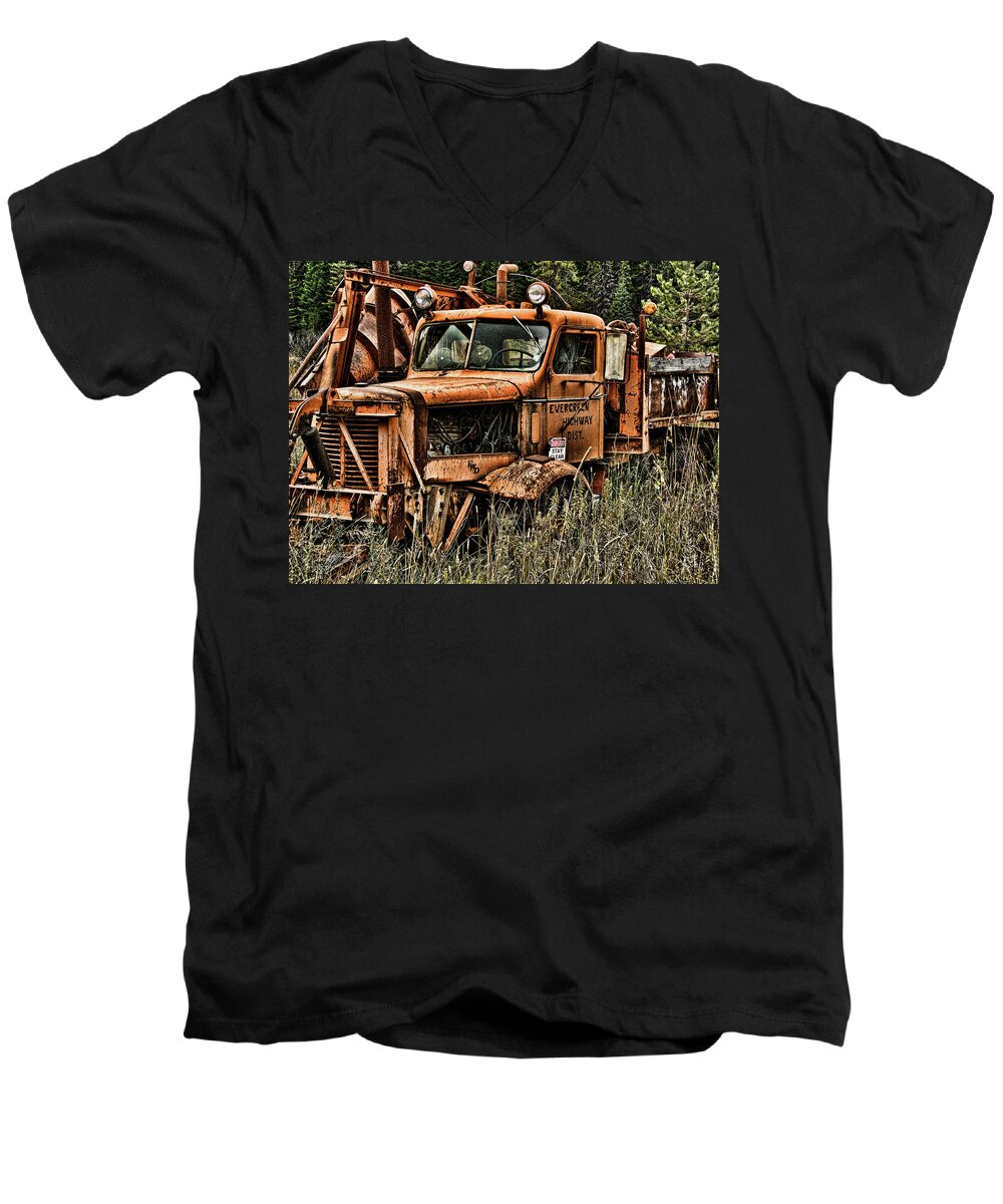 Snow Men's V-Neck T-Shirt featuring the photograph Snow Plow by Ron Roberts